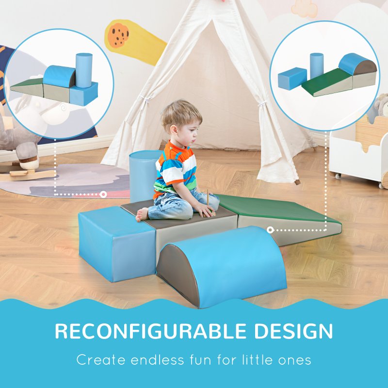 HOMCOM 5 Piece Soft Play, Climb and Crawl Activity Play Set for Baby Toddler, Soft Foam Blocks Indoor Play Equipment Learning Toys Blue