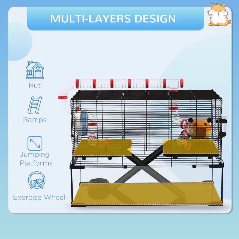 PawHut Large Hamster Cage, Gerbil Cage with Deep Glass Bottom, Tunnels, Non-Slip Ramps, Exercise Wheels, Water Bottle, Dish, 78.5 x 48.5 x 57cm