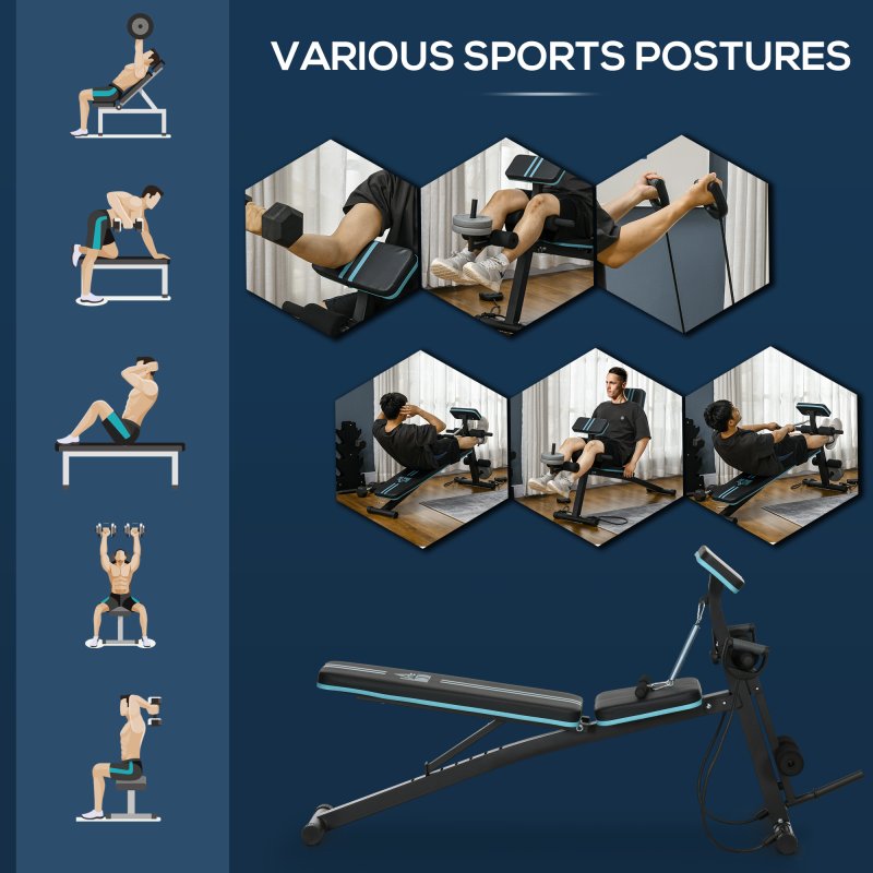 HOMCOM Foldable Weight Bench, Strength Training Sit Up Bench, Incline Decline Bench with 7-Level Backrest, Leg Extension Machine, Preacher Pad and Resistance Band for Home Gym Workout, Blue