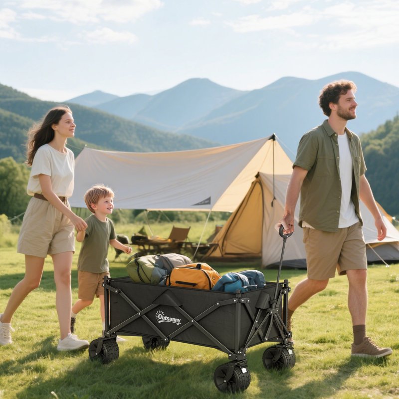Outsunny 110L Festival Trolley on Wheels, Folding Camping Trolley Cart with Telescopic Handle, Carry Bag and All-Terrain Big Wheels, for Garden, Beach, Fishing, Black