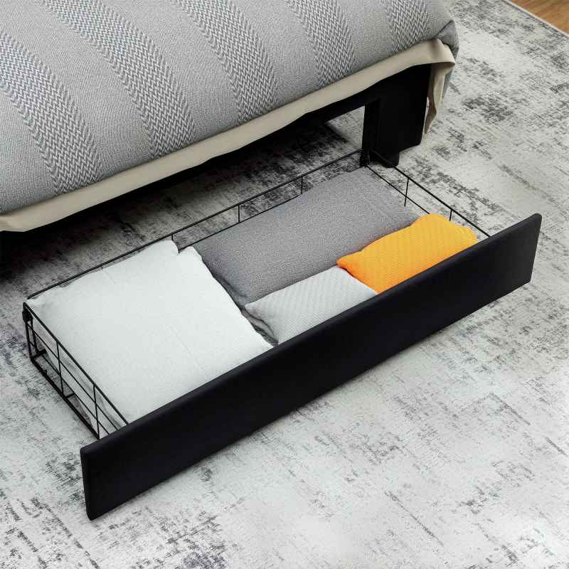 HOMCOM Double Ottoman Bed Frame, 4ft6 Gas Lift Storage Bed with 2-Level Adjustable Velvet Upholstered Headboard, Wheeled Drawer and Wooden Slats, No Mattress, Black