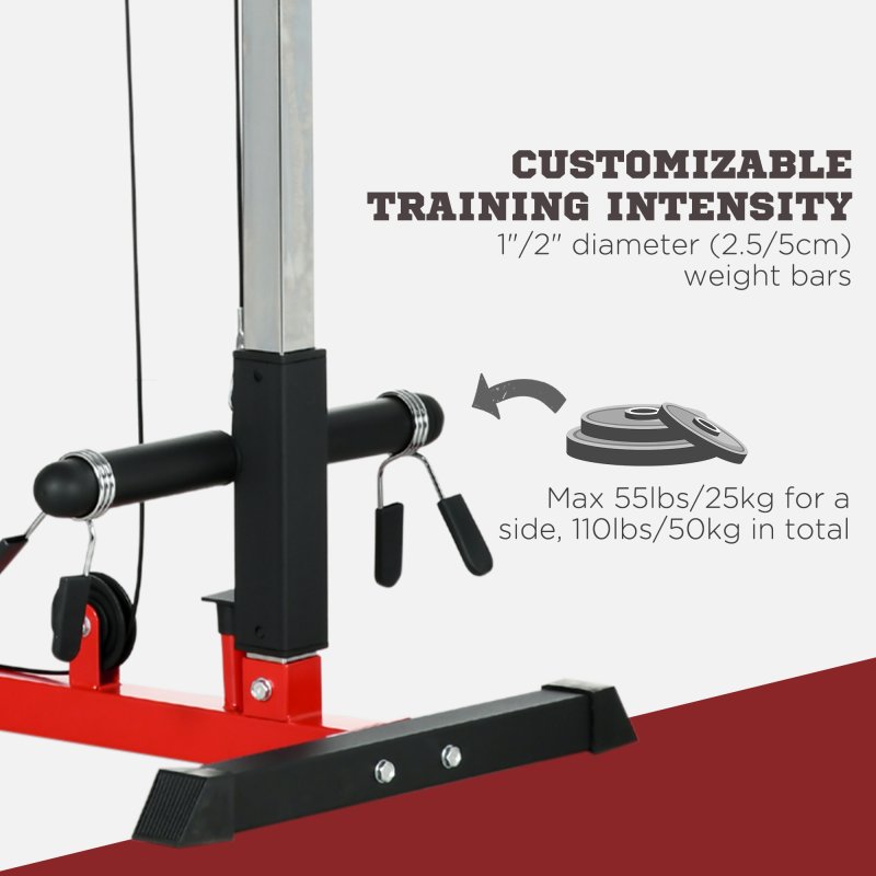 SPORTNOW Lat Pull Down Machine with Adjustable Seat, High and Low Pulley Cable Machine with Flip-Up Footplate, Multi-Function Home Gym Fitness Equipment - Red