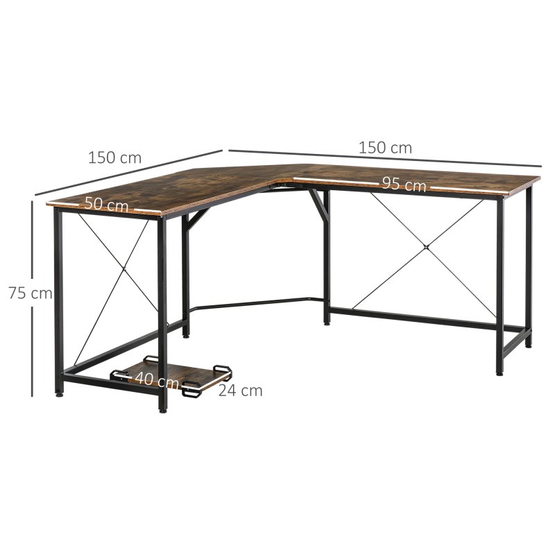 HOMCOM L-Shaped Desk, Gaming Desk, 150 x 150 x 75 cm, Corner Computer Desk for Study, Home Office, Bedroom, Rustic Brown