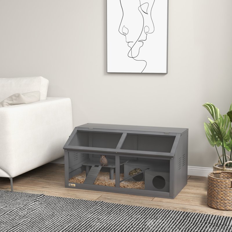 PawHut Wooden Hamster Cage, Gerbil Cage for Syrian Hamster with Exercise Play House, Openable Top 85 x 45 x 44cm - Grey