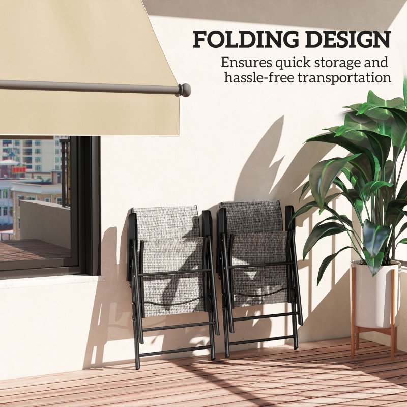 Outsunny Set of 2 Folding Chair, Garden Chair Set with Breathable Mesh Back and Seat, Outdoor Camping Chairs with Armrests, Steel Frame for Deck Balcony, Black and Grey