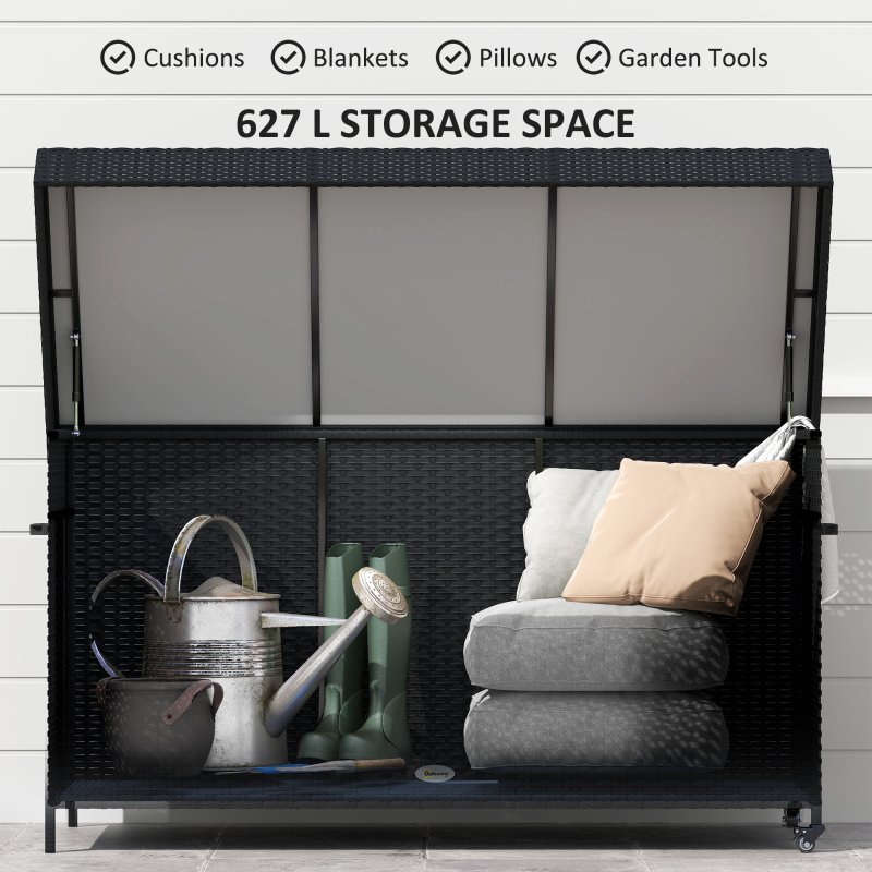 Outsunny 627 L Rattan Garden Storage Box, Outdoor Garden Cushion Storage Box with Gas Lift Lid and Wheels, Outdoor Rattan Chest Container for Cushions, Pillows and Tools, Black