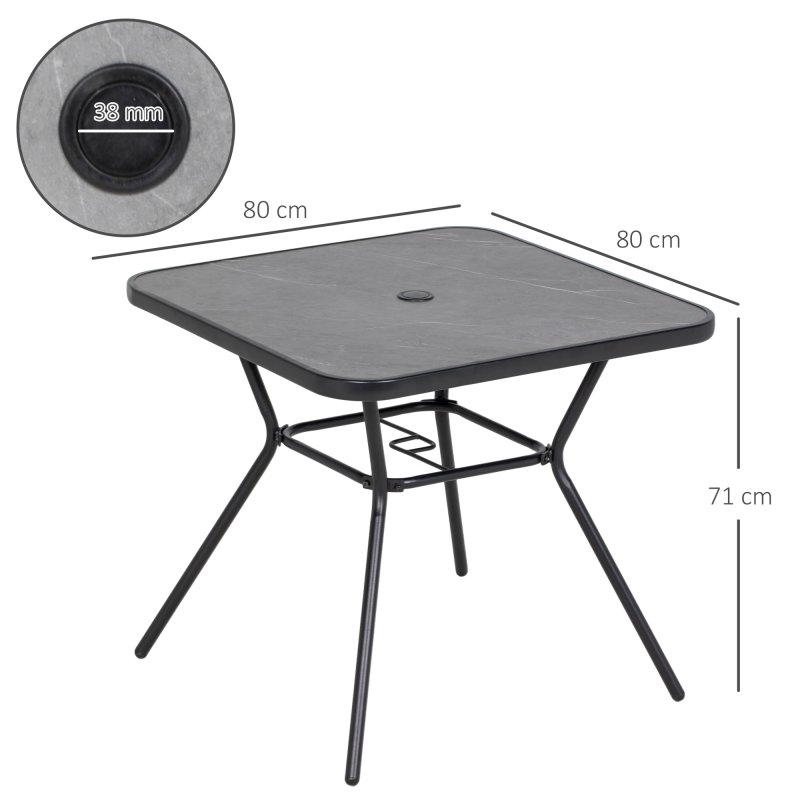 Outsunny 80x80cm Outdoor Dining Table, Faux-marbled Garden Table with Umbrella Hole, Square Patio Table with Steel Frame for Porch, Balcony, Black