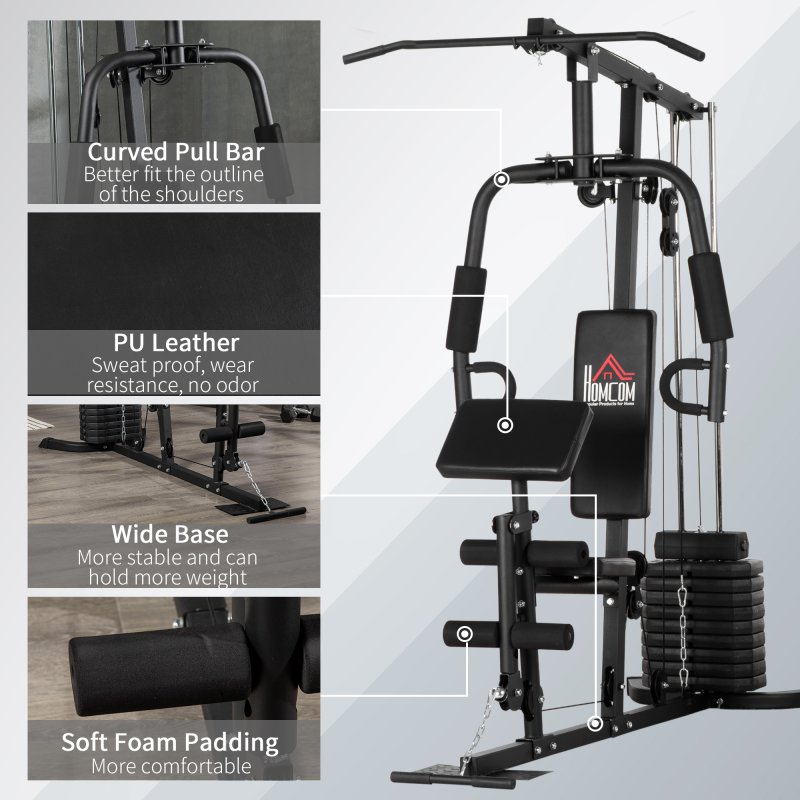 HOMCOM Multi Gym with Weights, Multifunction Home Gym Machine with 45kg Weight Stack, for Lat Pulldown, Leg Extensions, Preacher Bicep Curls, Triceps Pulldowns, Chest Press, Strength Training
