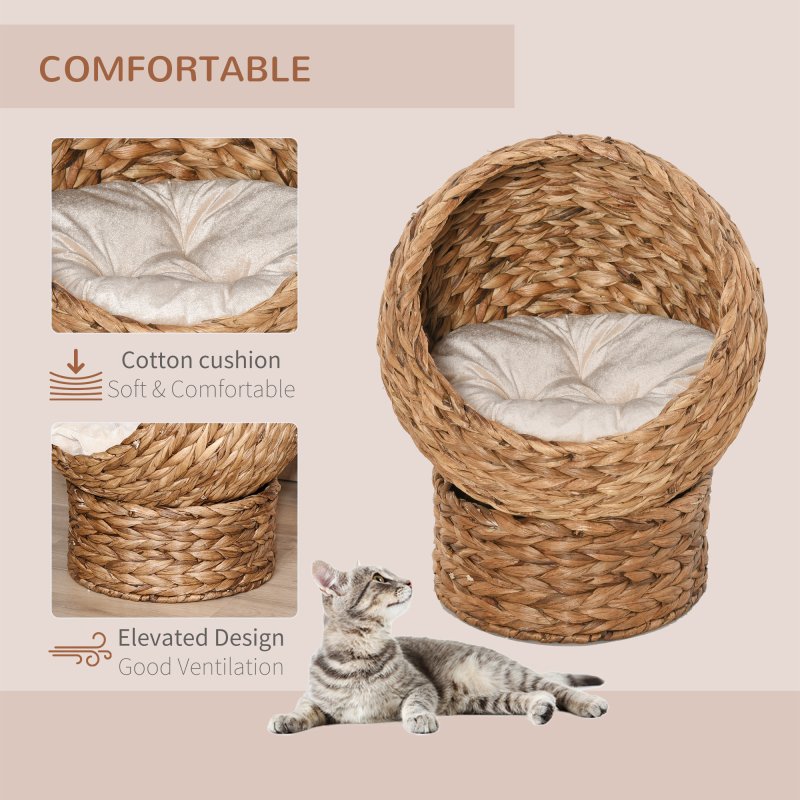 PawHut Woven Banana Leaf Elevated Cat Bed Wicker Kitten Basket Pet Den. House Cosy Cave with Soft Cushion Dome 50x42x60cm Brown