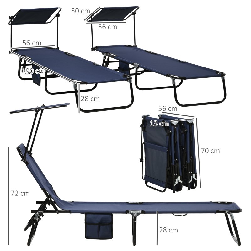 Outsunny 2 Piece Folding Sun Loungers with Canopy, Adjustable Recliner Garden Chairs with Side Pocket, Steel Frame and Breathable Mesh for Outdoor, Pool, Beach, Garden, Dark Blue