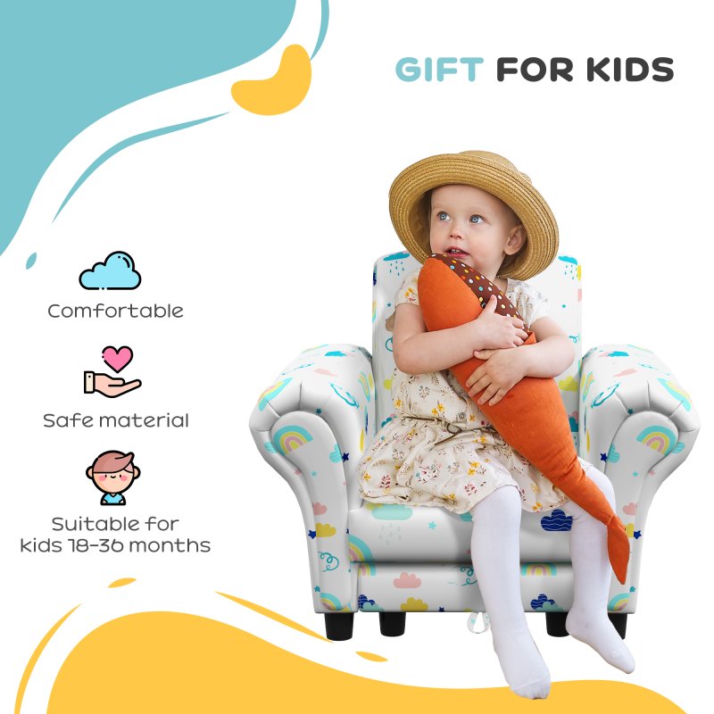 AIYAPLAY Kids Armchair with Stool, 2 Piece Kids Sofa Set with Cloud Design, Wooden Frame, Upholstered Kids Chair for Bedroom, Playroom, Kid Room, for 1.5-3 Years Old, White