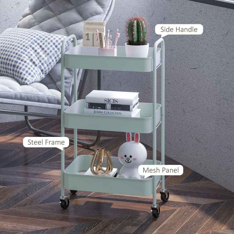 HOMCOM 3-tier Storage Trolley on Wheels, Metal Storage Cart, Rolling Ultility Cart with 3 Mesh Baskets for Living Room, Kitchen, Light Blue