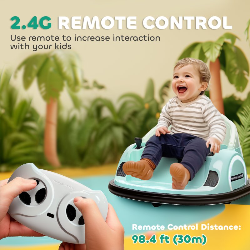 AIYAPLAY Kids Bumper Car, 360 Rotation 12V Waltz Car, Battery Powered Ride-On Toy with Remote Control, Dual Joystick, Music, USB, LED Lights, Horn, for Ages 1.5-5 Years, Green