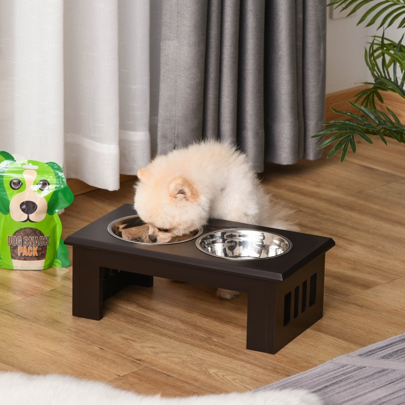 PawHut Raised Dog Bowl Feeding Bowls with Stand for Medium Dogs Elevated Pet Bowls Water Food Feeder 58L x 31W x 25H cm - Brown