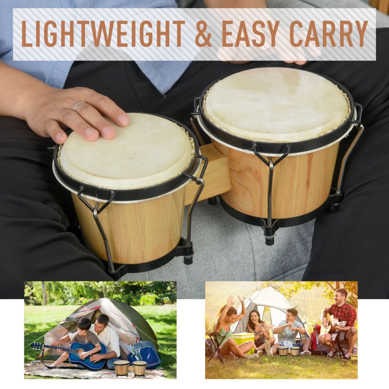HOMCOM Wooden Bongo Drum Set ??7.75" & ??7" w/ Drum Head, Percussion Instrument, Drums, Tuning Wrench For Adults Beginners
