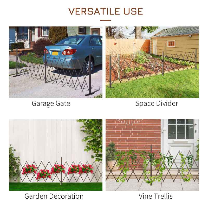Outsunny Expanding Fence Panel, Freestanding Aluminium Alloy Trellis Fence with Movable Scissor Grid and Wheel, 52-405cm Foldable Decorative Garden Fence for Patio Pet Safety, Dark Brown