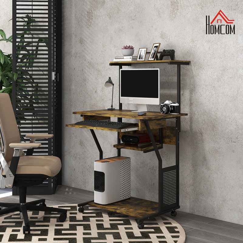 HOMCOM Mobile Computer Desk with Keyboard Tray, Rolling Study Table with Storage Shelves and Wheels, Industrial Writing Desk for Home Office, 80 x 50 x 130cm, Rustic Brown