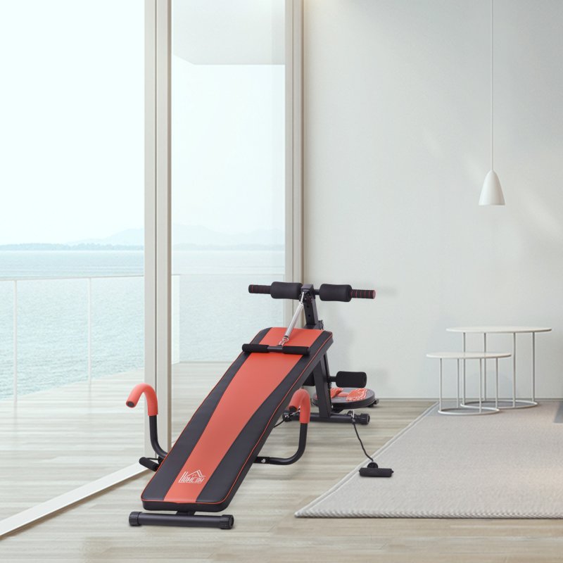 HOMCOM Multifunctional Sit Up Bench Exercise with Resistant Rope and Twist Waist Disc for Home, Office and Gym