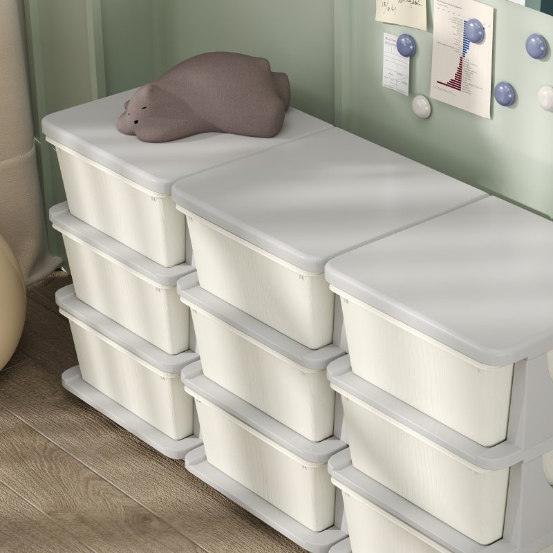 HOMCOM Kids Storage Units with 9 Drawers 3 Tier Chest Vertical Dresser Tower Toy Organiser for Nursery Playroom Kindergarten Cream