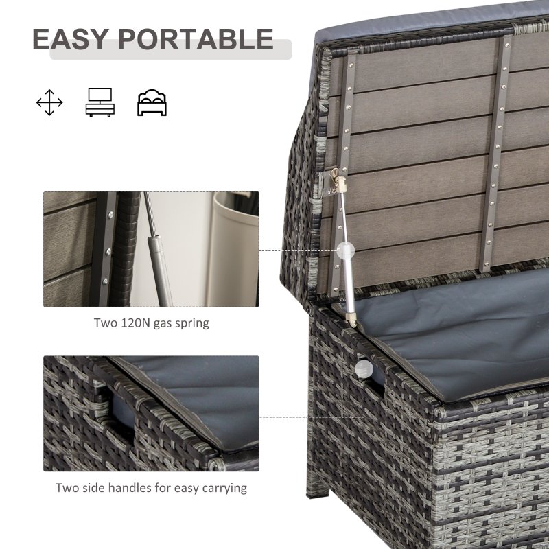Outsunny PE Rattan Outdoor Storage Bench, Aluminium Garden Bench with Storage Underneath w/ Zipped Inner Lining, Rods for Deck, Mixed Grey