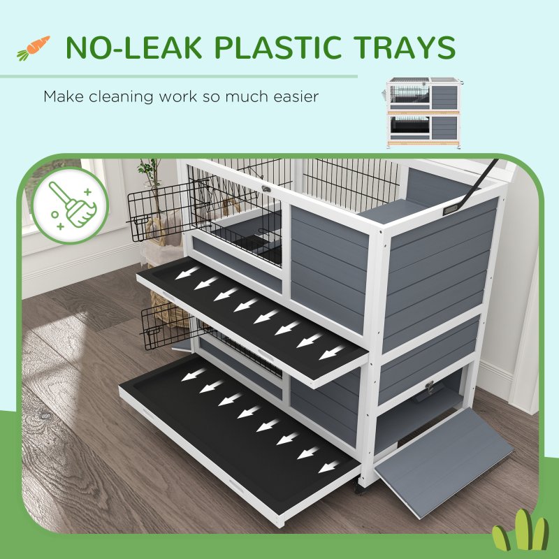 PawHut Rabbit Hutch Guinea Pig Hutch Indoor Wooden Small Animal House with Wheels, Openable Top, No-Leak Plastic Trays - Grey