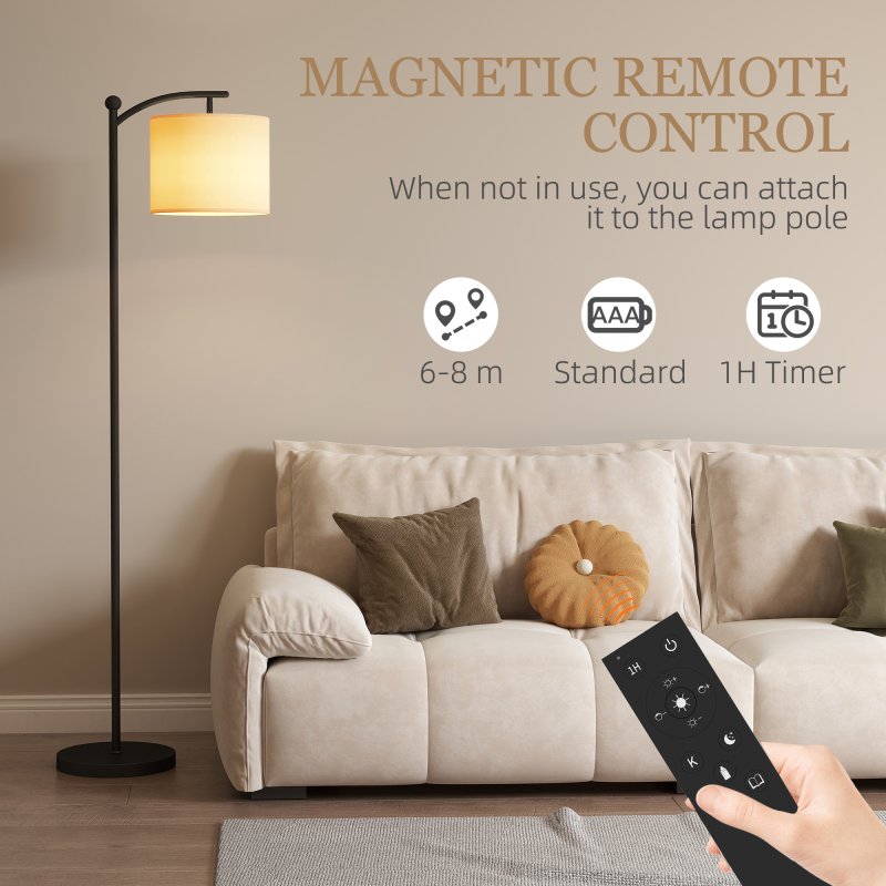 HOMCOM LED Floor Lamp, Stepless Dimmable Reading Standing Lamp with Magnetic Remote Control and 11 Colours Temperature & 11 Brightness Levels, 60 Min Timer for Living Room, Bedroom, Office, Black