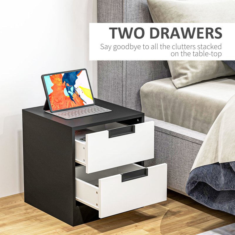 HOMCOM Bedside Tables Set of 2, Nightstands with 2 Drawers, Modern Bedside Cabinets with Storage for Bedroom, Living Room, White and Black