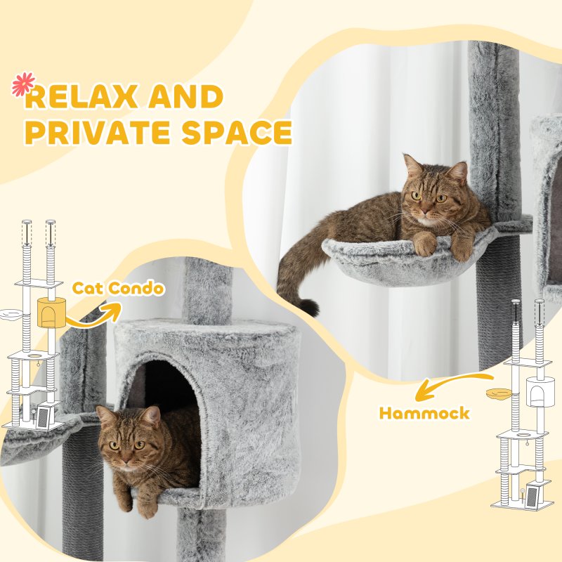 PawHut Floor to Ceiling Cat Tree, 225-255cm Height Adjustable Large Cat Tower 6 Levels Activity Centre for Indoor Cats with Cat Scratching Posts Ramp, Condo Hammock, Play Balls - Grey