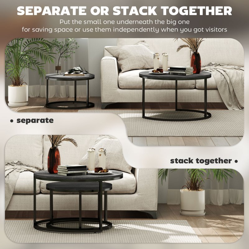 HOMCOM Round Nesting Coffee Table Set of 2, Large Stacking End Side Table with Steel Frame for Living Room, Bedroom, Home Office, 78.5 x 78.5 x 46.5 cm, Black