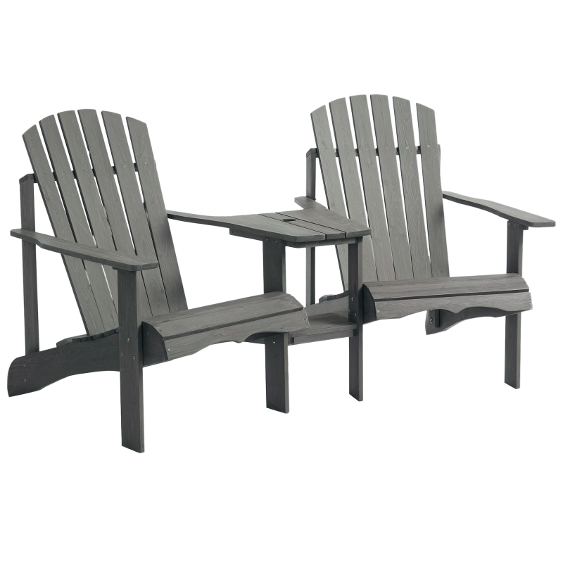 Outsunny Wooden Outdoor Double Adirondack Chairs Loveseat w/ Centre Table and Umbrella Hole, Garden Patio Furniture for Lounging and Relaxing, Grey