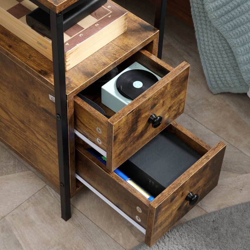 HOMCOM Side Table, Narrow Bedside Table with 2 Drawers and Storage Shelf, Industrial End Table with Metal Frame for Small Spaces