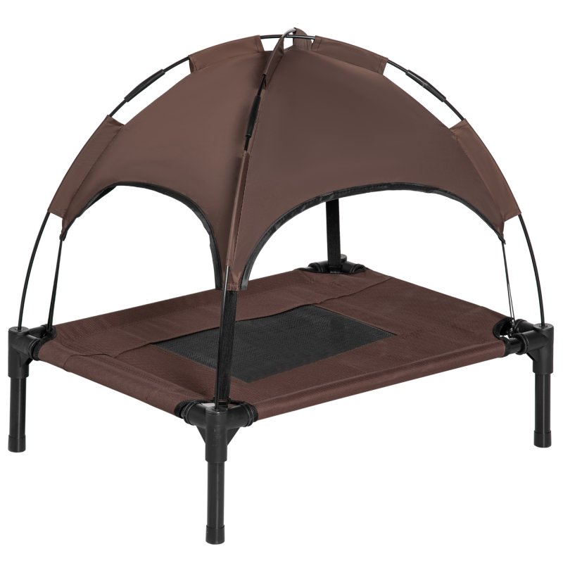 PawHut Raised Dog Bed Waterproof Elevated Pet Cot with Breathable Mesh UV Protection Canopy Brown, for Small Dogs, 61 x 46 x 62cm