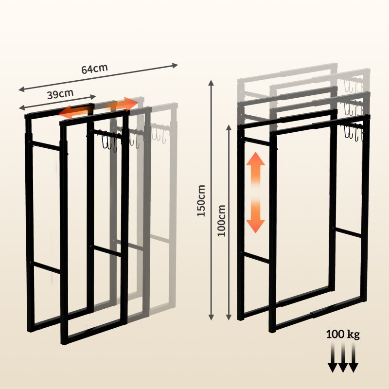 Outsunny Firewood Log Rack, Retractable Metal Wood Store Holder, Indoor Outdoor Fireplace Log Storage Shelf with Hooks, 65 x 25 x 150 cm, Black