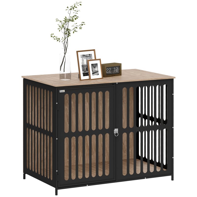 PawHut Dog Crate Furniture, Dog Cage Side End Table Indoor with Anti-Chew Resistant Mesh, Anti-Escape Door, for Large Pet, 100 x 60 x 81.5 cm, Walnut Brown
