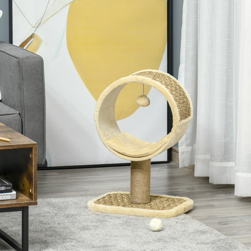 PawHut 56cm Small Cat Tree for Indoor Cats with Scratching Post, Kitten Tower with Tunnel, Toy Ball, Cushion - Beige