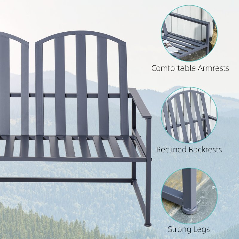 Outsunny Garden Bench Loveseat 2 Seat Chair for Outdoor Park, Yard, Steel Frame, Decorative Slatted Design, Grey