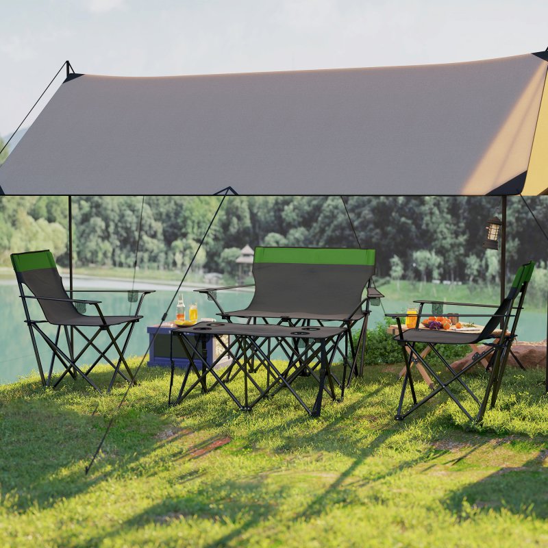 Outsunny 4 Piece Foldable Camping Table and Chairs Set, Portable Picnic Table with 3 Chairs, Cup Holders and Carrying Bag, Outdoor Lightweight Table Set for BBQ, Picnic, Parties, Olive Green