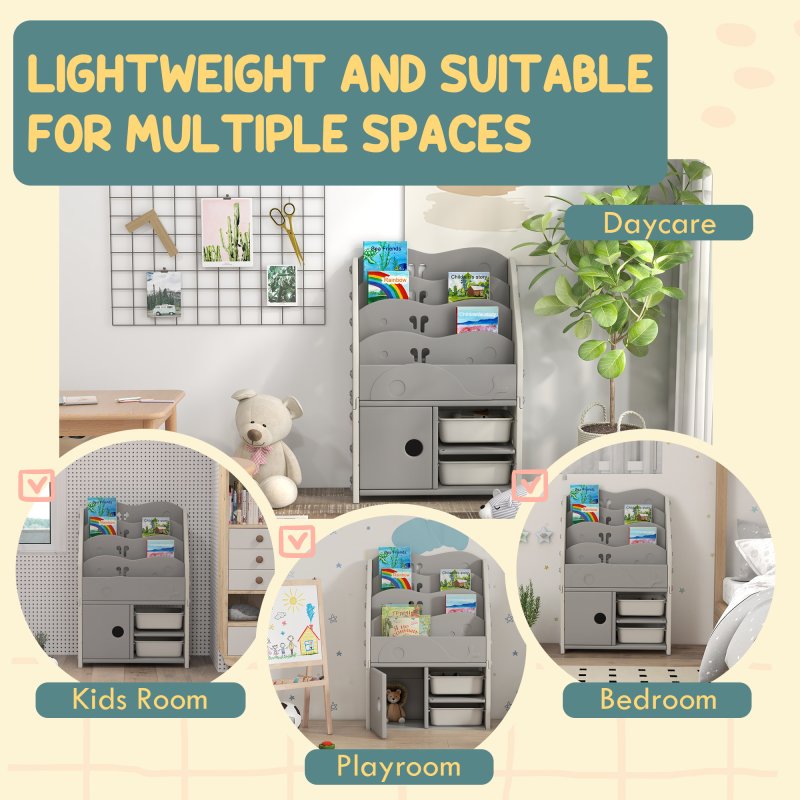 AIYAPLAY Kids Storage Units, Toy Organiser with 2 Storage Boxes, 4 Tier Bookshelf, Cabinet, for Playroom, Bedroom, Kid Room, Living Room, 67 x 29 x 98cm, Light Grey