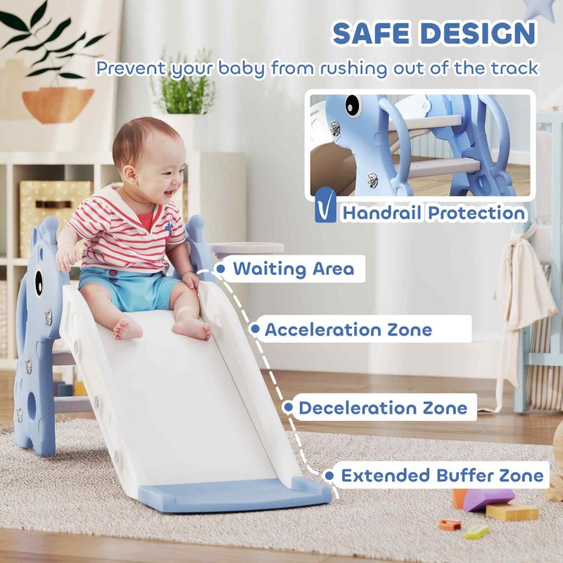 AIYAPLAY 3 in 1 Kids Slide, Giraffe Shape Toddler Slide with Climber, Basketball Hoop and Ball, Indoor Playground Equipment for Age 1-3, Blue