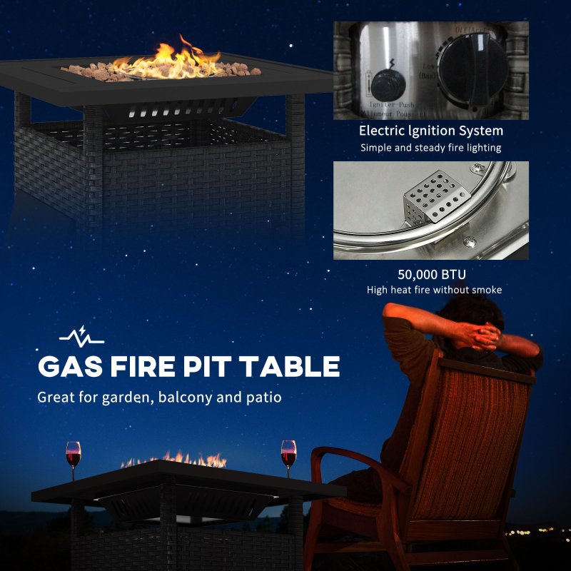 Outsunny Outdoor Rattan Gas Fire Pit Table, 50,000 BTU Square Garden Table with Fire Pit, Rain Cover, Wind Guard, Pulse-Ignition and Volcanic Rock, 72.5 x 72.5 x 67.5 cm, Black