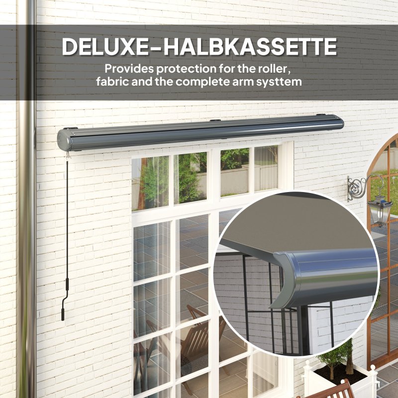 Outsunny 4 x 3(m) Full Cassette Electric Awning with Remote Controller, Aluminium Frame DIY Retractable Garden Awning, UPF50+ Sun Shade Canopy for Deck Door Window, Dark Grey