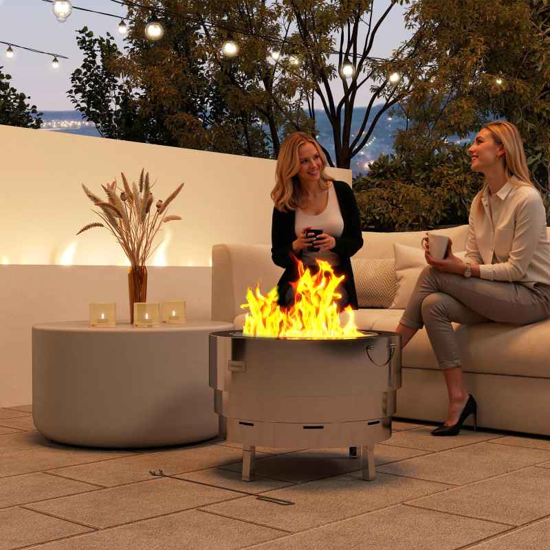 Outsunny Outdoor Round Fire Pit with Grill Net, Portable Wood Burning Firepit with Poker and Foldable Legs, Stainless Steel for Patio Bonfire BBQ Camping, Silver