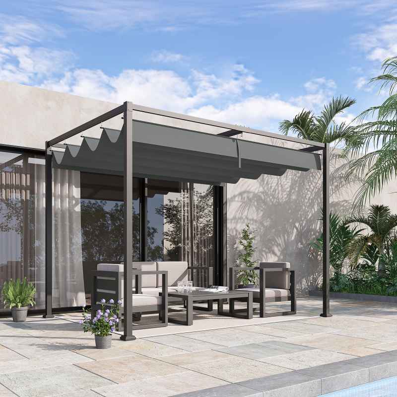 Outsunny 3 x 2m Metal Outdoor Pergola with Retractable Roof, Outdoor Gazebo Canopy Shelter with Drainage Holes for Garden, Patio, Lawn, Grey
