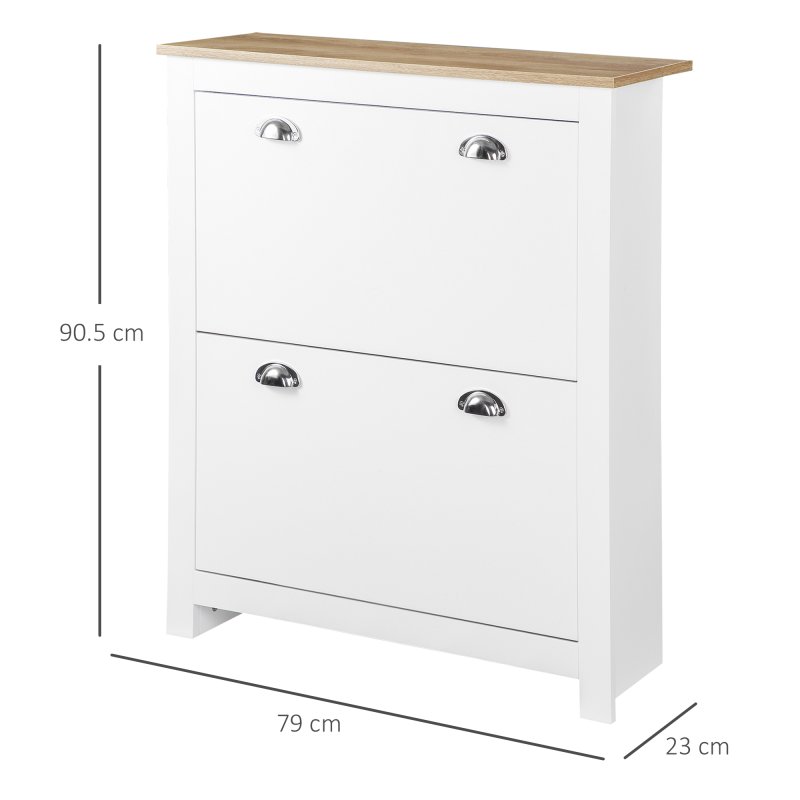 HOMCOM 2 Drawer Shoe Cabinet Modern Narrow Shoe Cupboard Hallway Wooden Storage Organiser with Flip Doors Adjustable Shelf for 12 Pairs, White