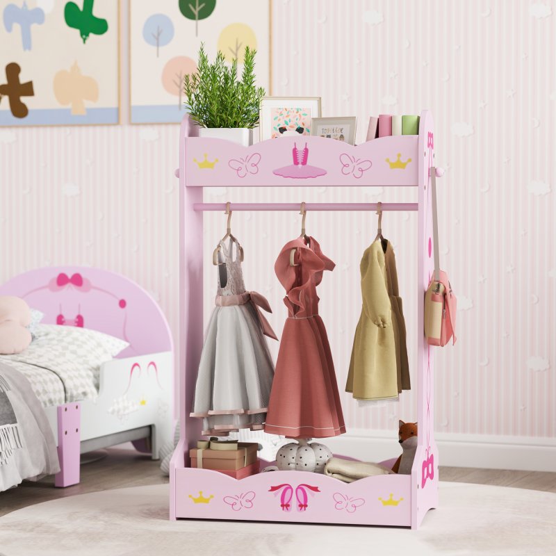 AIYAPLAY Wooden Kids Clothes Rail, Dress Up Rail with Top, Bottom Storage Shelves, for 3 Years+, 70 x 37 x 103cm, Pink
