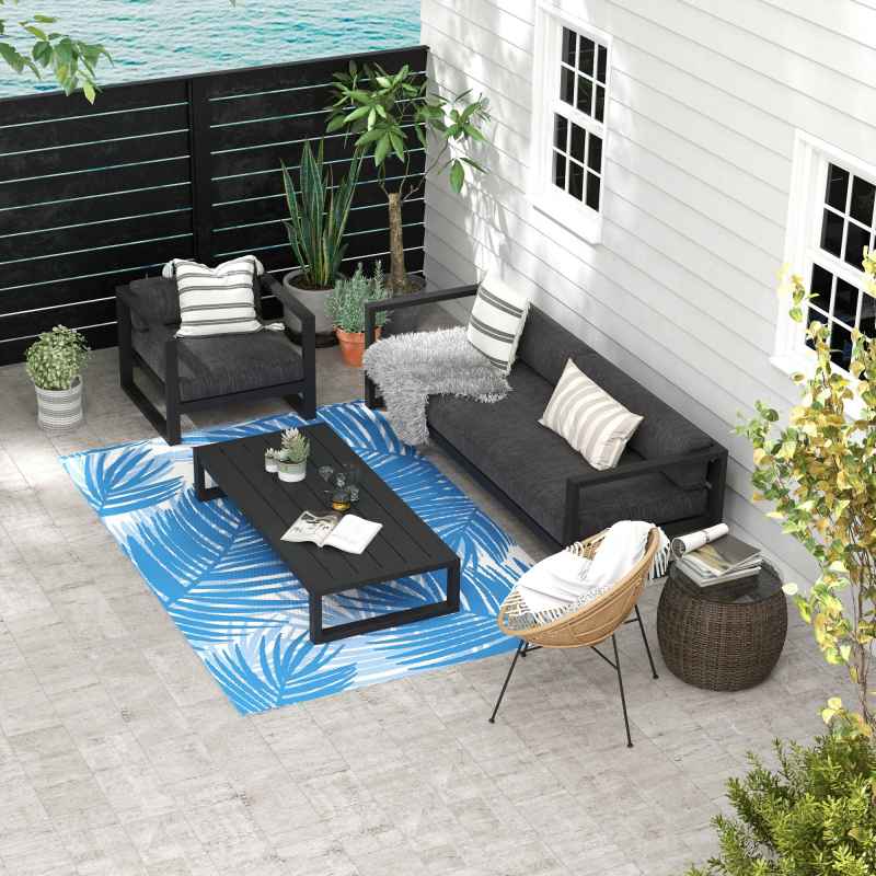 Outsunny Reversible Outdoor Rug with Carry Bag, Waterproof Plastic Straw Mat for Garden, Deck, RV, Picnic, Beach, Camping, 182 x 274cm, Blue and Cream