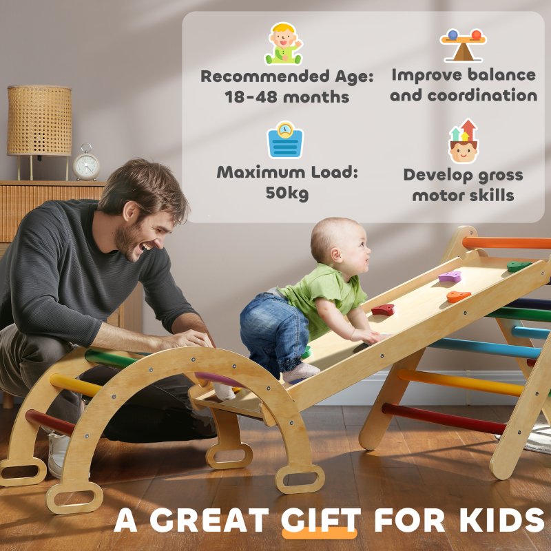 AIYAPLAY Toddler Climbing Frame, 5 In 1 Wooden Indoor Climbing Frame with Ramp, Arch, Foldable Pikler Triangle Set for Kids 18-48 Months, Multicoloured