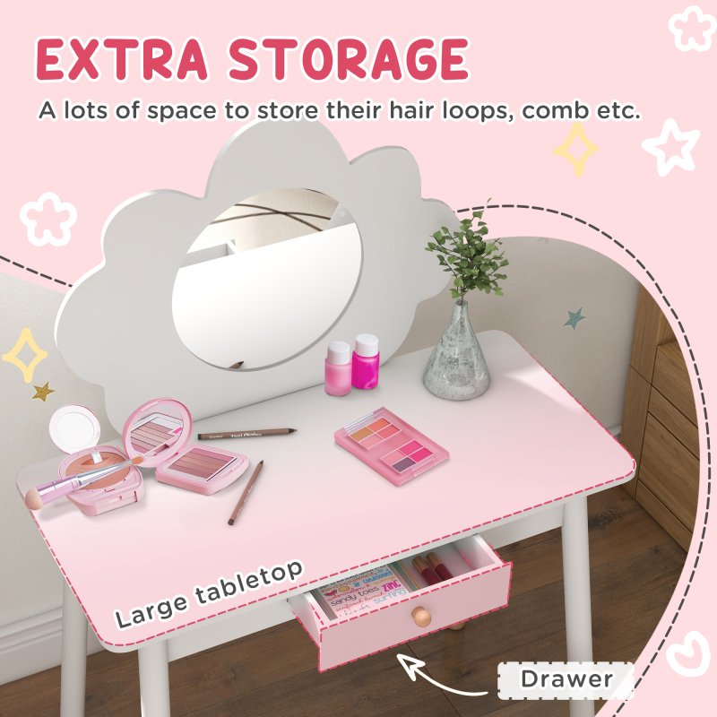 AIYAPLAY Kids Dressing Table with Mirror, Stool, Kids Vanity Table with Cloud Design, Drawer, for Ages 3-6 Years, White
