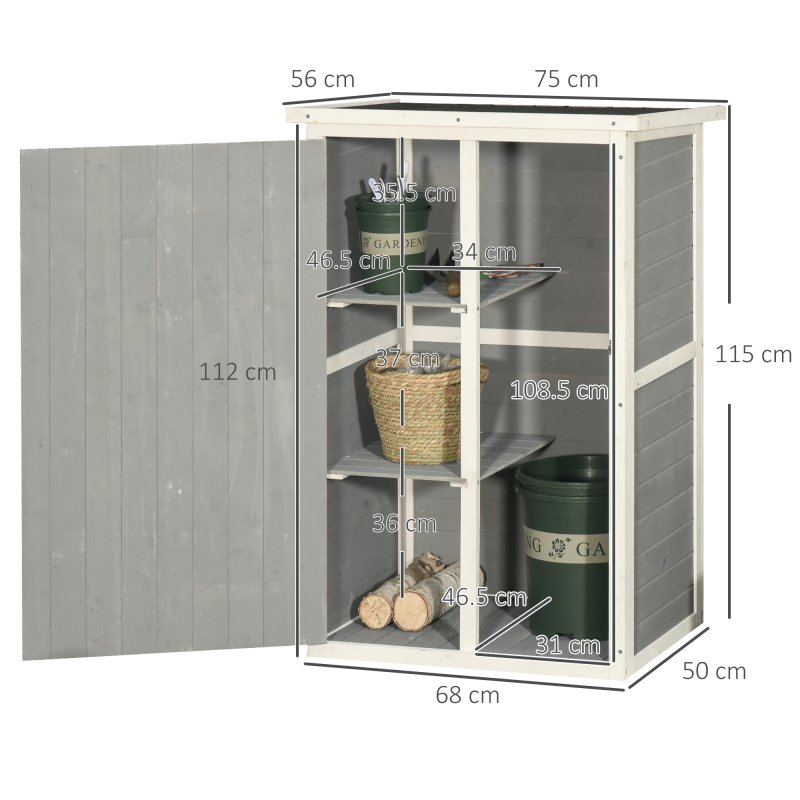 Outsunny Wooden Small Shed, Garden Storage Shed with Shelves and Bolt Latch, 75L x 56W x115H cm, Grey
