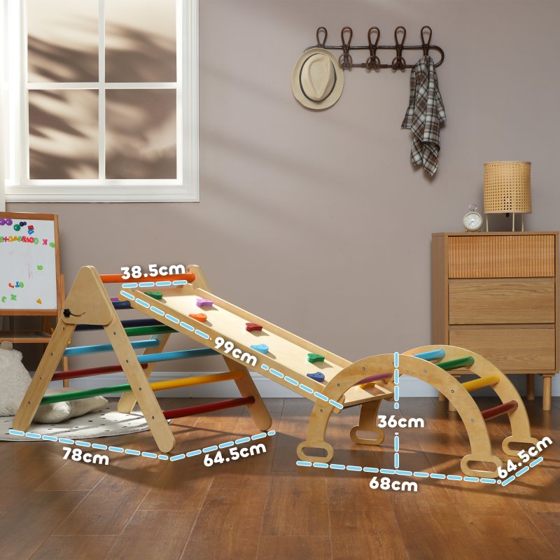 AIYAPLAY Toddler Climbing Frame, 5 In 1 Wooden Indoor Climbing Frame with Ramp, Arch, Foldable Pikler Triangle Set for Kids 18-48 Months, Multicoloured